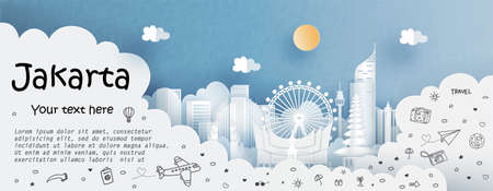 Tour and travel advertising template with travel to Jakarta, Indonesia with famous landmarks in paper cut style vector illustrationのイラスト素材