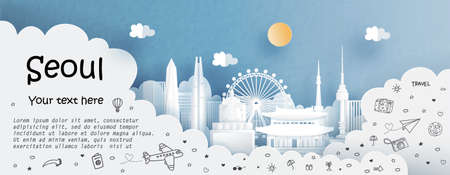 Tour and travel advertising template with travel to Seoul, South Korea with famous landmarks in paper cut style vector illustrationのイラスト素材