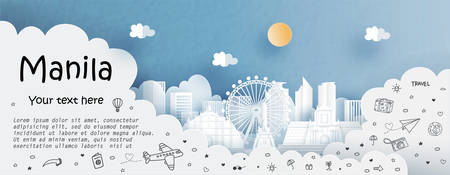 Tour and travel advertising template with travel to Manila, Philippines with famous landmarks in paper cut style vector illustrationのイラスト素材