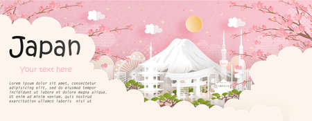 Tour and travel advertising, postcard, panorama poster of world famous landmark of Japan in paper cut style vector illustration.のイラスト素材