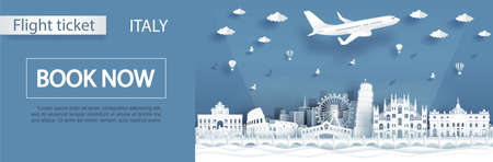 Flight and ticket advertising template with travel to Italy concept and famous landmarks in paper cut style vector illustrationのイラスト素材