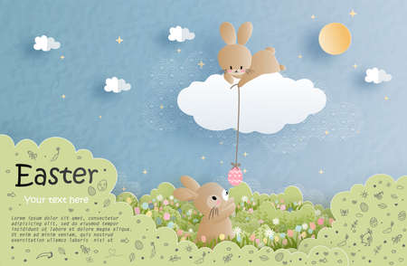 Easter card with cute bunny in the forest with tulip and flowers, plants. All in paper cut style vector illustration.のイラスト素材