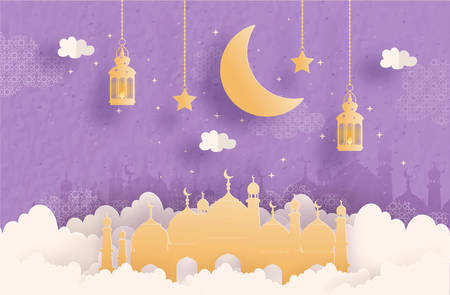 Eid Mubarak greeting Card, Ramadan Kareem for banner, poster, background, illustration, brochure and sale background in paper cut style. Vector illustrationのイラスト素材
