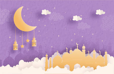 Eid Mubarak greeting Card, Ramadan Kareem for banner, poster, background, illustration, brochure and sale background in paper cut style. Vector illustrationのイラスト素材