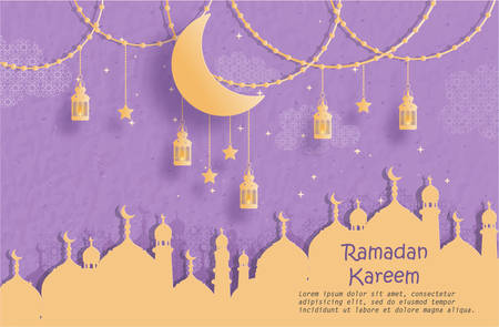 Eid Mubarak greeting Card, Ramadan Kareem for banner, poster, background, illustration, brochure and sale background in paper cut style. Vector illustrationのイラスト素材