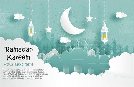 Eid Mubarak greeting Card, Ramadan Kareen for banner, poster, background, illustration, brochure and sale background in paper cut style. Vector illustrationのイラスト素材