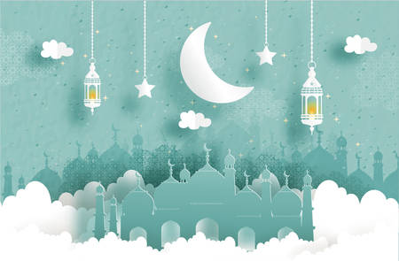 Eid Mubarak greeting Card, Ramadan Kareem for banner, poster, background, illustration, brochure and sale background in paper cut style. Vector illustrationのイラスト素材