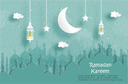 Eid Mubarak greeting Card, Ramadan Kareem for banner, poster, background, illustration, brochure and sale background in paper cut style. Vector illustrationのイラスト素材