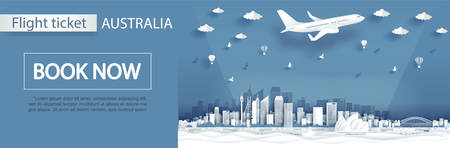 Flight and ticket advertising template with travel to Sydney, Australia concept and famous landmarks in paper cut style vector illustrationのイラスト素材