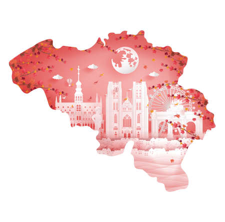 Autumn in Belgium with map concept and falling maple leave in autumn season for travel postcard, poster, tour advertising of world famous landmarks in paper cut style. Vector illustration.のイラスト素材