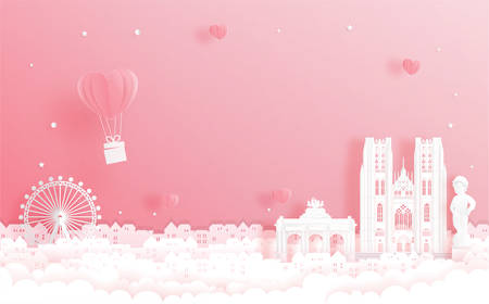 Honeymoon trip and Valentine's day concept with travel to Brussels, Belgium and world famous landmark in paper cut style vector illustration.のイラスト素材