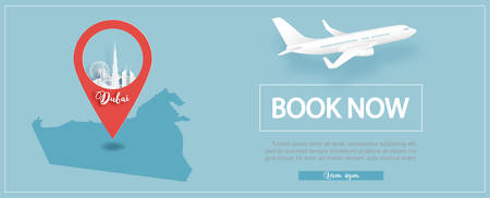 Flight and ticket advertising template with travel to Dubai with a pin on a country map and famous landmarks in paper cut style vector illustrationのイラスト素材