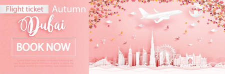 Flight and ticket advertising template with travel to Dubai in autumn season deal with falling maple leaves and famous landmarks in paper cut style vector illustrationのイラスト素材