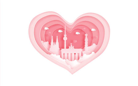 Berlin, Germany famous landmarks in love concept with heart shape. Valentine's card and travel advertising for couple. Paper cut style vector illustration.のイラスト素材