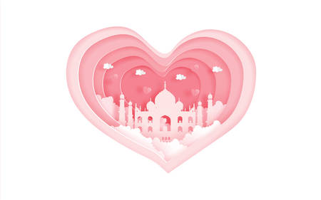 Mumbai, India famous landmarks in love concept with heart shape. Valentine's card and travel advertising for couple. Paper cut style vector illustration.のイラスト素材