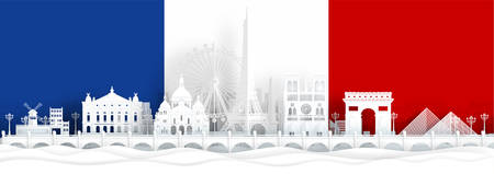 France flag and famous landmarks in paper cut style vector illustration.のイラスト素材