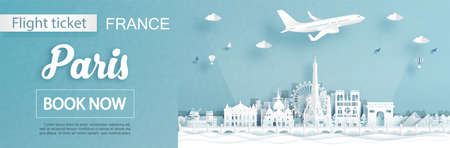 Flight and ticket advertising template with travel concept to Paris, France and famous landmarks in paper cut style vector illustrationのイラスト素材