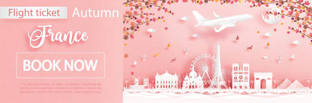 Flight and ticket advertising template with travel to France in autumn season deal with falling maple leaves and famous landmarks in paper cut style vector illustrationのイラスト素材