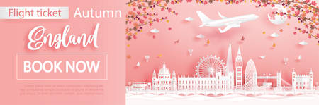 Flight and ticket advertising template with travel to London, England in autumn season deal with falling maple leaves and famous landmarks in paper cut style vector illustrationのイラスト素材
