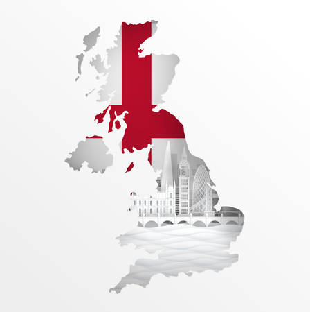 England map concept with famous landmark for travel postcard and poster, brochure, advertising in paper cut style vector illustration.のイラスト素材