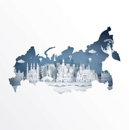 Tour and travel advertising template with travel to Moscow, Russia with famous landmarks in paper cut style vector illustrationのイラスト素材