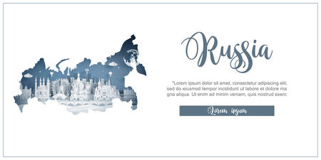 Russia map concept with famous landmark for travel postcard and poster, brochure, advertising in paper cut style vector illustration.のイラスト素材