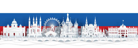 Russia flag and famous landmarks in paper cut style vector illustration.のイラスト素材