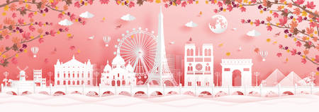 Autumn in Paris, France with falling maple leaves and world famous landmarks in paper cut style vector illustrationのイラスト素材