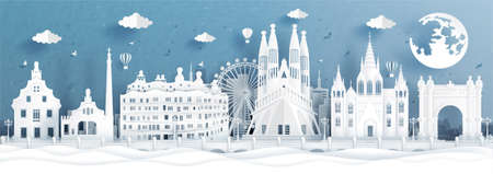 Panorama postcard and travel poster of world famous landmarks of Barcelona, Spain in paper cut style vector illustrationのイラスト素材