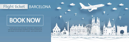Flight and ticket advertising template with travel to Barcelona, Spain concept and famous landmarks in paper cut style vector illustrationのイラスト素材