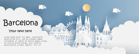 Tour and travel advertising template with travel to Barcelona, Spain with famous landmarks in paper cut style vector illustrationのイラスト素材