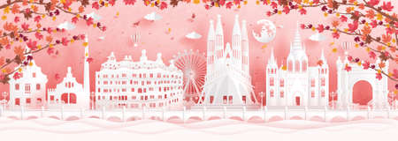 Autumn in Barcelona, Spain with falling maple leaves and world famous landmarks in paper cut style vector illustrationのイラスト素材