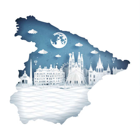 Panorama postcard and travel poster of world famous landmarks of Barcelona, Spain in paper cut style vector illustrationのイラスト素材