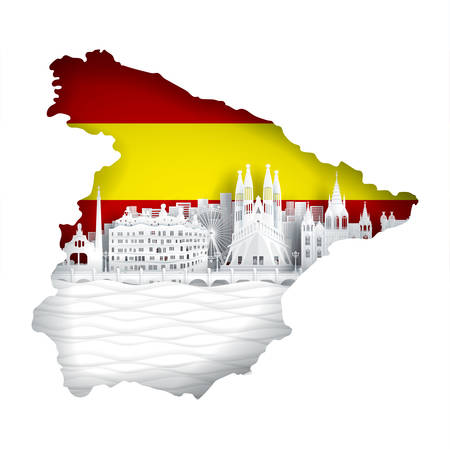 Spain map concept with flag and famous landmark for travel postcard and poster, brochure, advertising in paper cut style vector illustrationのイラスト素材