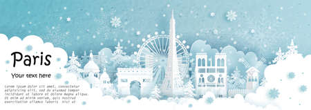 Panorama postcard and travel poster of world famous landmarks of Paris, France in winter season in paper cut style vector illustrationのイラスト素材