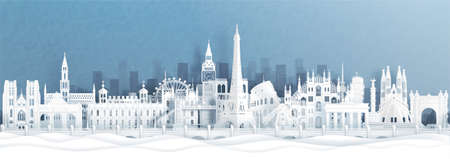 Panorama postcard and travel poster of world famous landmarks of europe, Holland, France, Germany, Belgium, Spain and England in paper cut style vector illustrationのイラスト素材