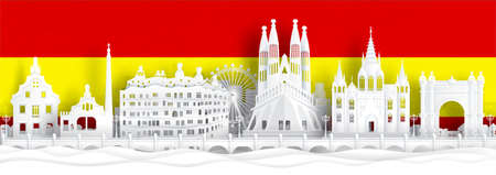 Spain flag and famous landmarks in paper cut style vector illustration.のイラスト素材