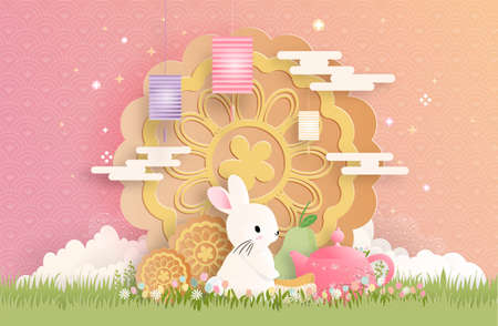 Mid Autumn Festival with paper cut style vector illustration.のイラスト素材