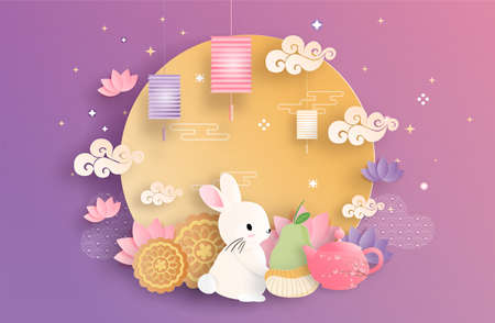 Mid Autumn Festival with paper cut style vector illustration.のイラスト素材