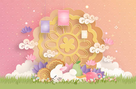 Mid Autumn Festival in paper cut style vector illustration.のイラスト素材