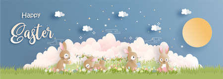 Easter card with cute bunny in the forest with tulip and flowers, plants. All in paper cut style vector illustration.のイラスト素材