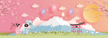Panorama of travel postcard, poster, tour advertising of world famous landmarks of Japan with Fuji mountain in paper cut style. Vector illustrationのイラスト素材