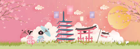 Panorama of travel postcard, poster, tour advertising of world famous landmarks of Japan with Fuji mountain in paper cut style. Vector illustrationのイラスト素材