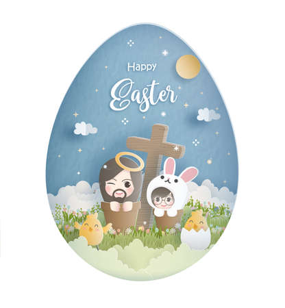Happy Easter in paper cut style vector illustration.のイラスト素材
