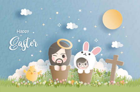 Happy Easter in paper cut style vector illustration.のイラスト素材