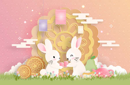 Mid Autumn Festival with paper cut style vector illustration.のイラスト素材