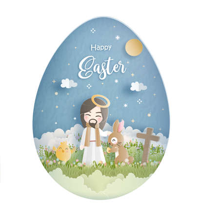Happy Easter in paper cut style vector illustration.のイラスト素材