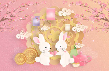 Mid Autumn Festival with paper cut style vector illustration.のイラスト素材