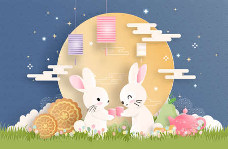 Mid Autumn Festival with paper cut style vector illustration.のイラスト素材