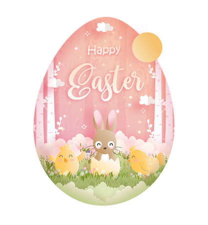 Happy Easter with cute bunny and Ester eggs in paper cut style vector illustration.のイラスト素材